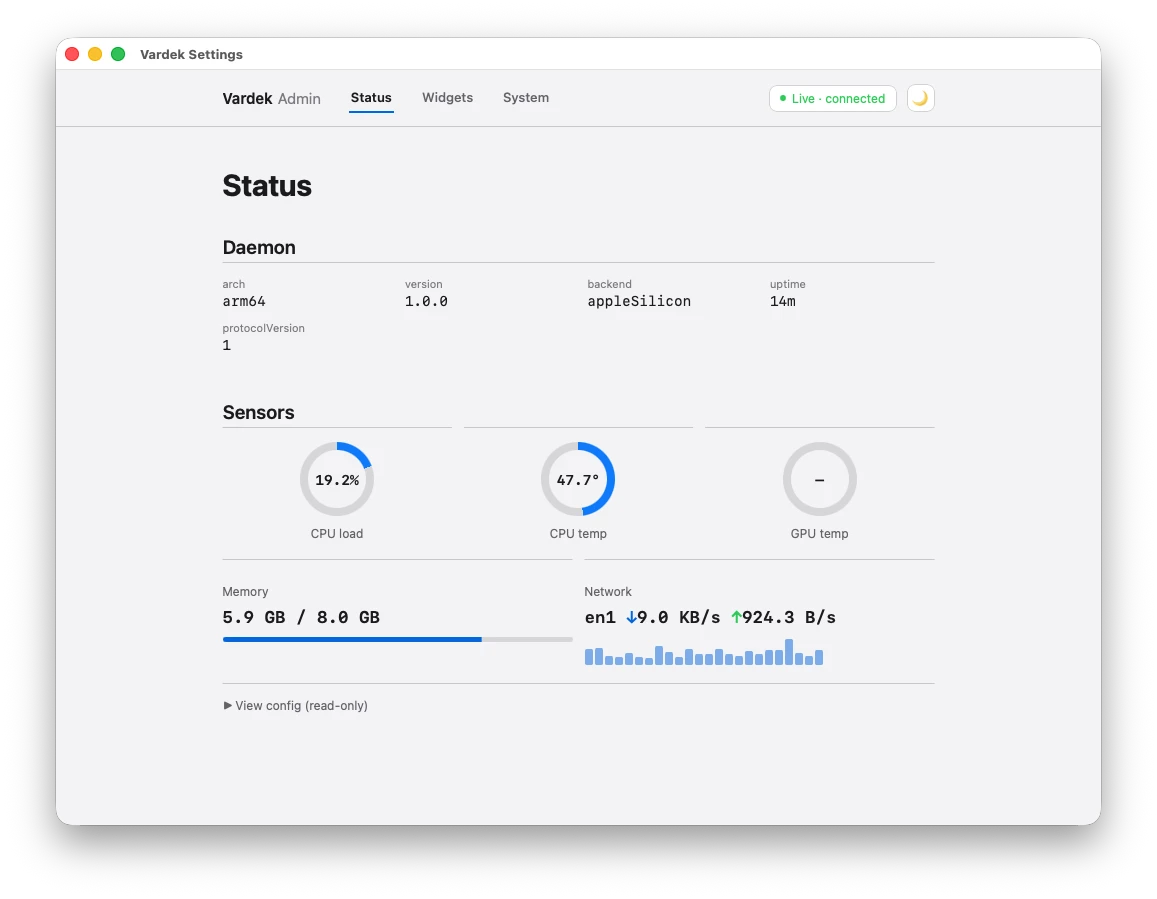Vardek Admin — Status tab, showing daemon version and live CPU, memory, and network sensors