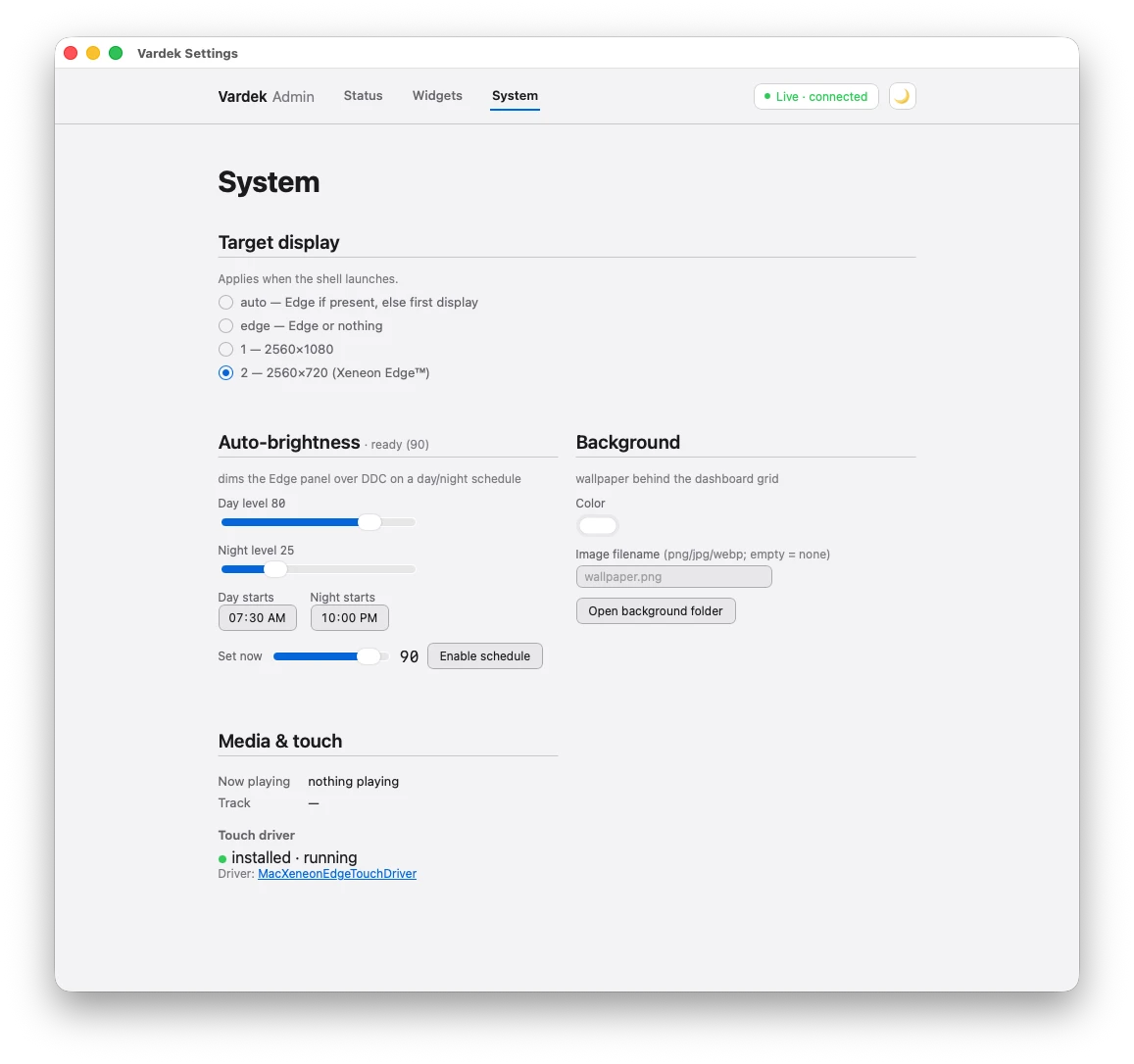 Vardek Admin — System tab, showing target display, auto-brightness schedule, background, and touch driver status