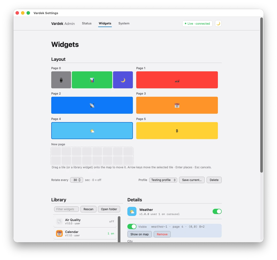 Vardek Admin — Widgets tab, showing the carousel page layout, widget library, and per-widget settings